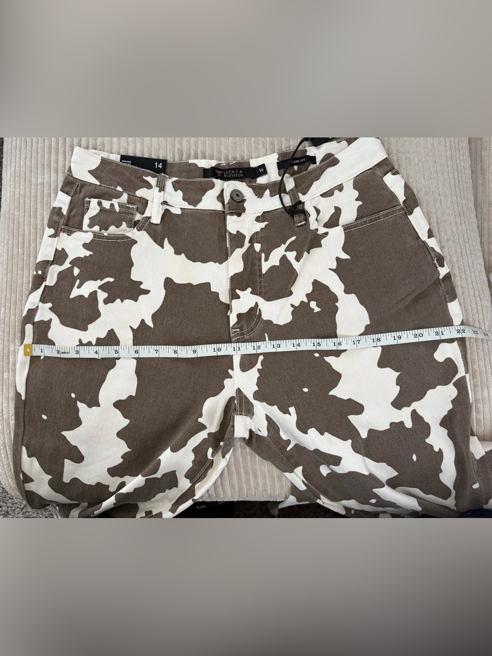 Lucky & Blessed Brown and Cream Cow Print Flare Jeans Size 14 - Picture 5 of 9